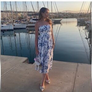 & Other Stories Belted Linen Midi Dress Blue White Floral Small Size 6 Sundress